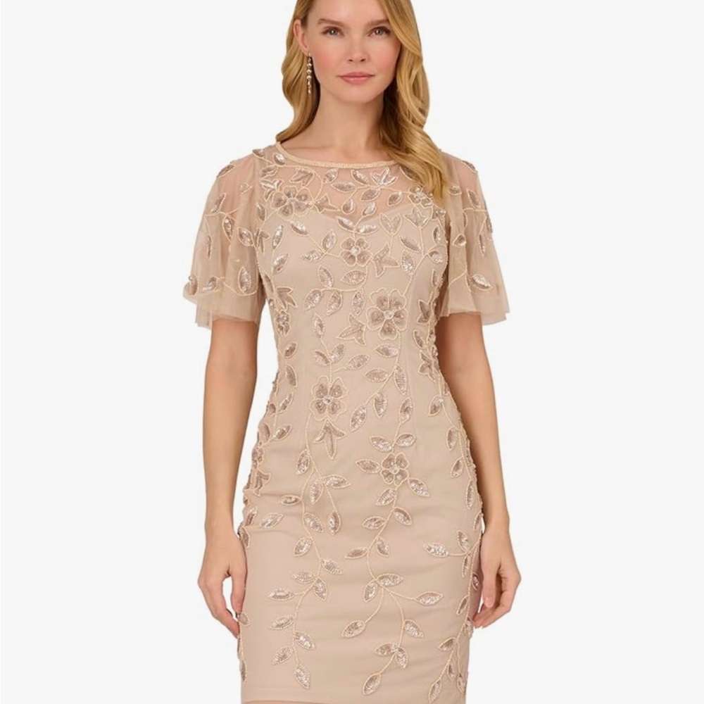 Adrianna Papell Floral Embroidered Midi Dress - Tan